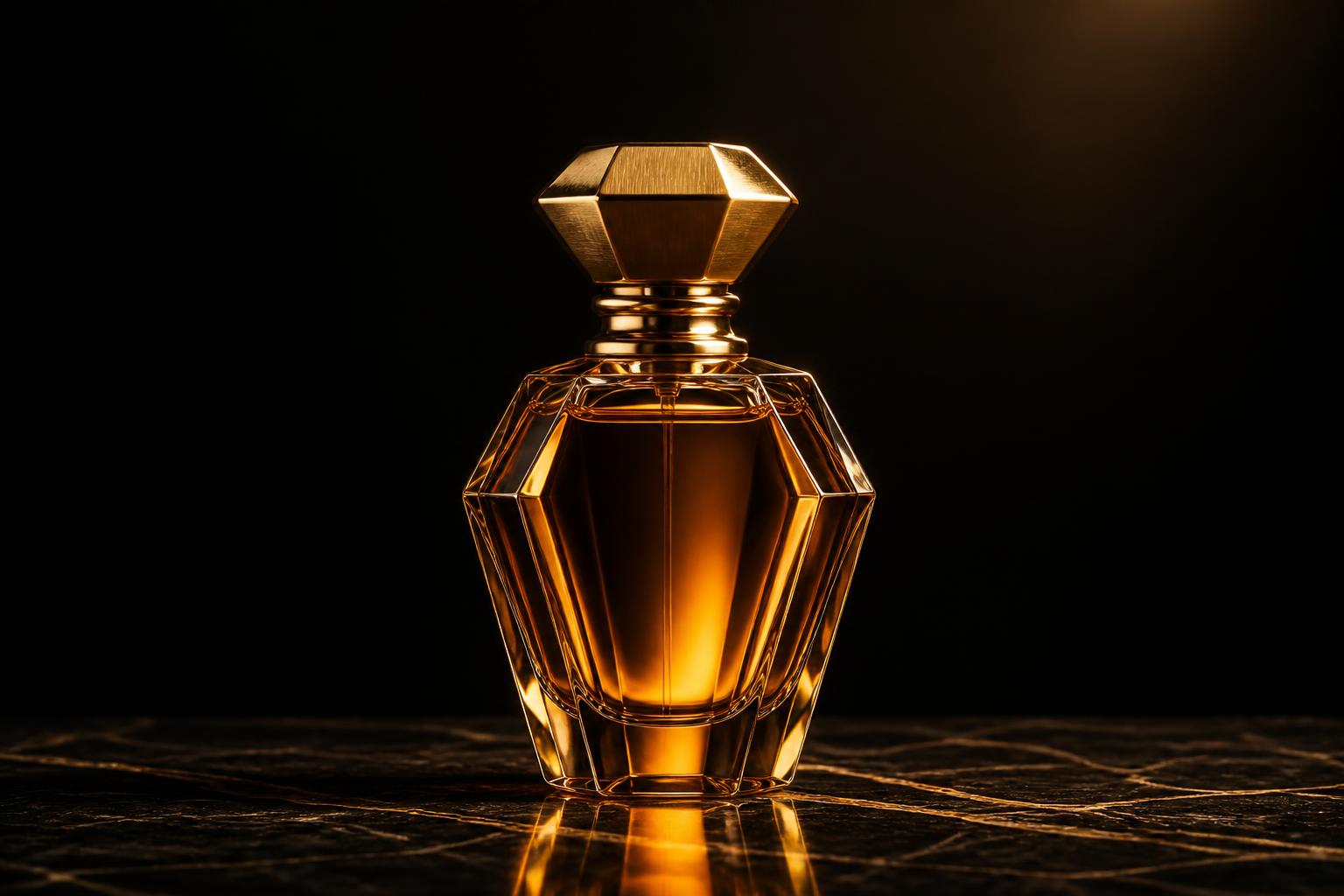Frasco de perfume de cristal âmbar com tampa dourada, fotografia editorial em preto e dourado