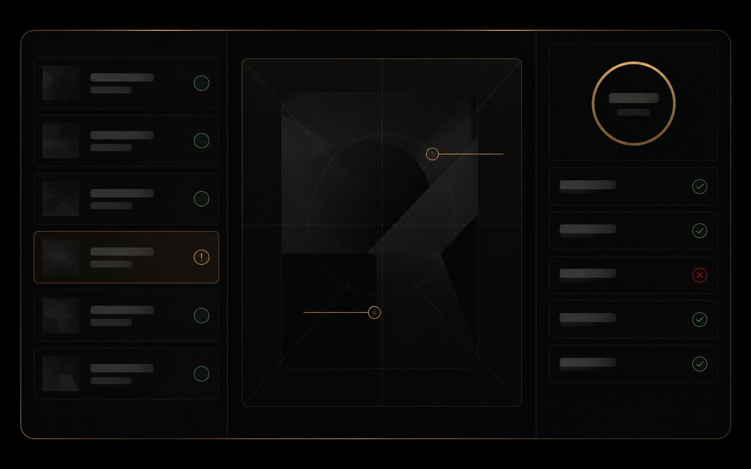Mockup de interface escura de revisão de conformidade de marca com checklist e score