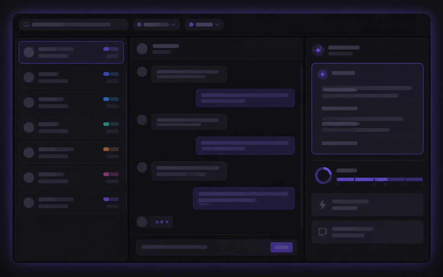 Mockup de console escuro de atendimento em social com sugestão de resposta